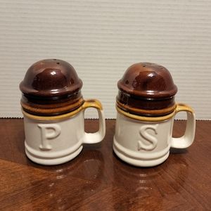 Mid Century 1960's Ceramic Brown Drip Glaze Salt & Pepper Shaker Set Crock